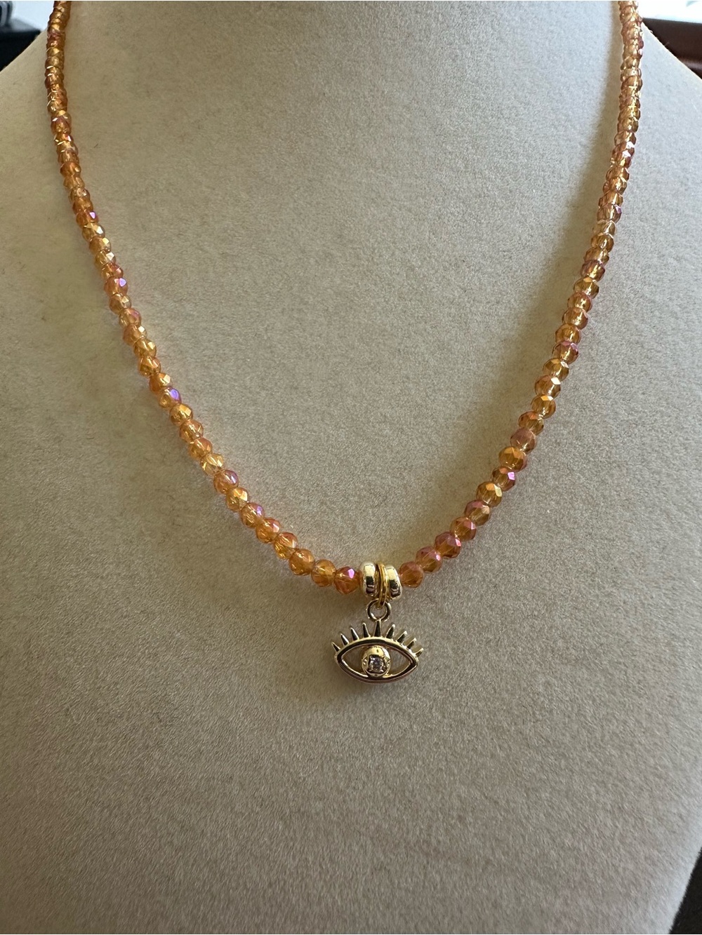 Handmade Iridescent Amber Beaded Evil Eye Charm Necklace | Spiritual Gift
